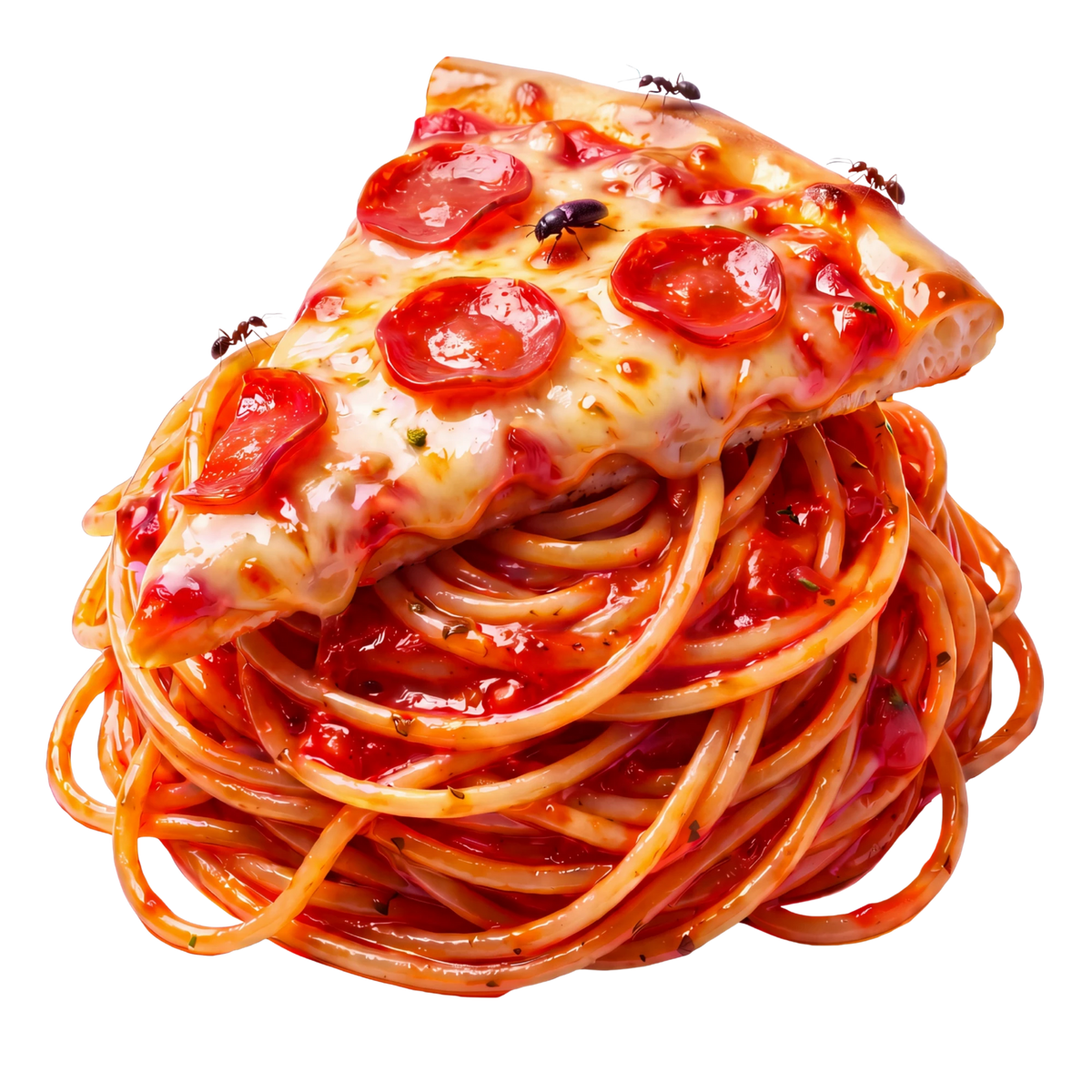 AI pizza design: a pepperoni slice on a pile of spaghetti, with bugs